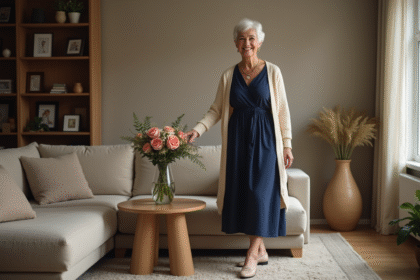 Femme élégante de 70 ans dans un salon chaleureux