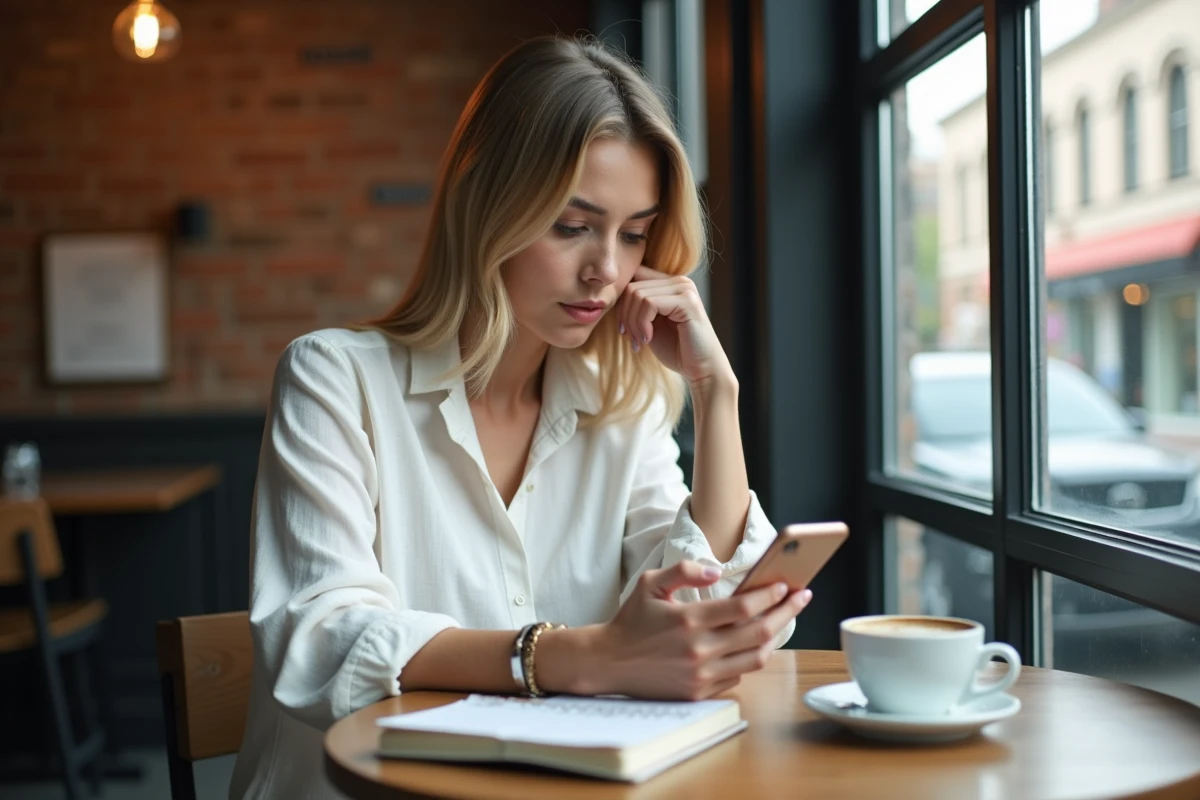 Femme consultant son smartphone pour retrouver une nouvelle adresse de site de streaming dans un café