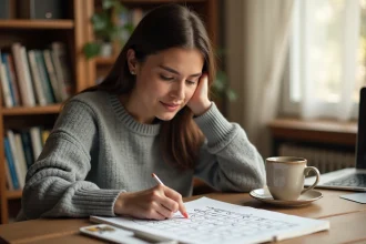 Femme analysant une grille de lettres manuscrites pour résoudre un jeu de mots du jour, assise à un bureau en bois dans un bureau à domicile chaleureux