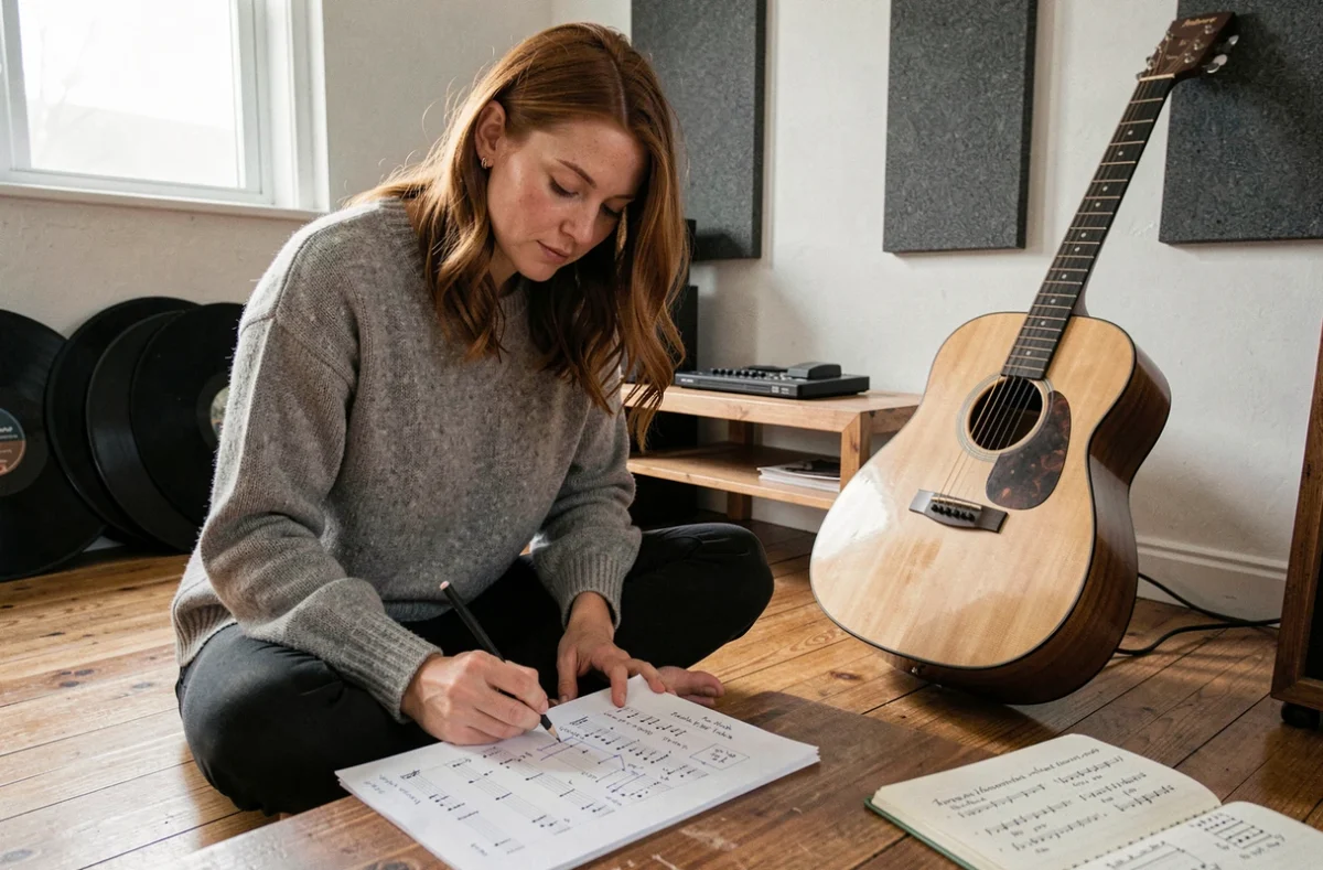 Femme guitariste annotant une tablature de Mistral Gagnant au sol dans un studio acoustique avec guitare folk et cahier d'accords