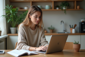 Jeune femme concentrée sur son ordinateur dans une cuisine lumineuse