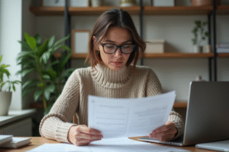 Femme en télétravail examinant des documents fiscaux à son bureau