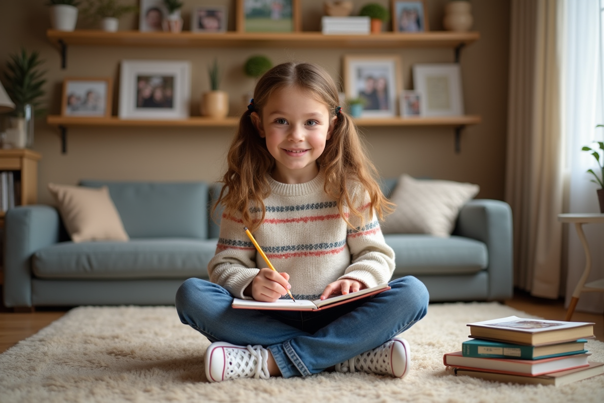 Jeune fille dessinant dans un salon chaleureux