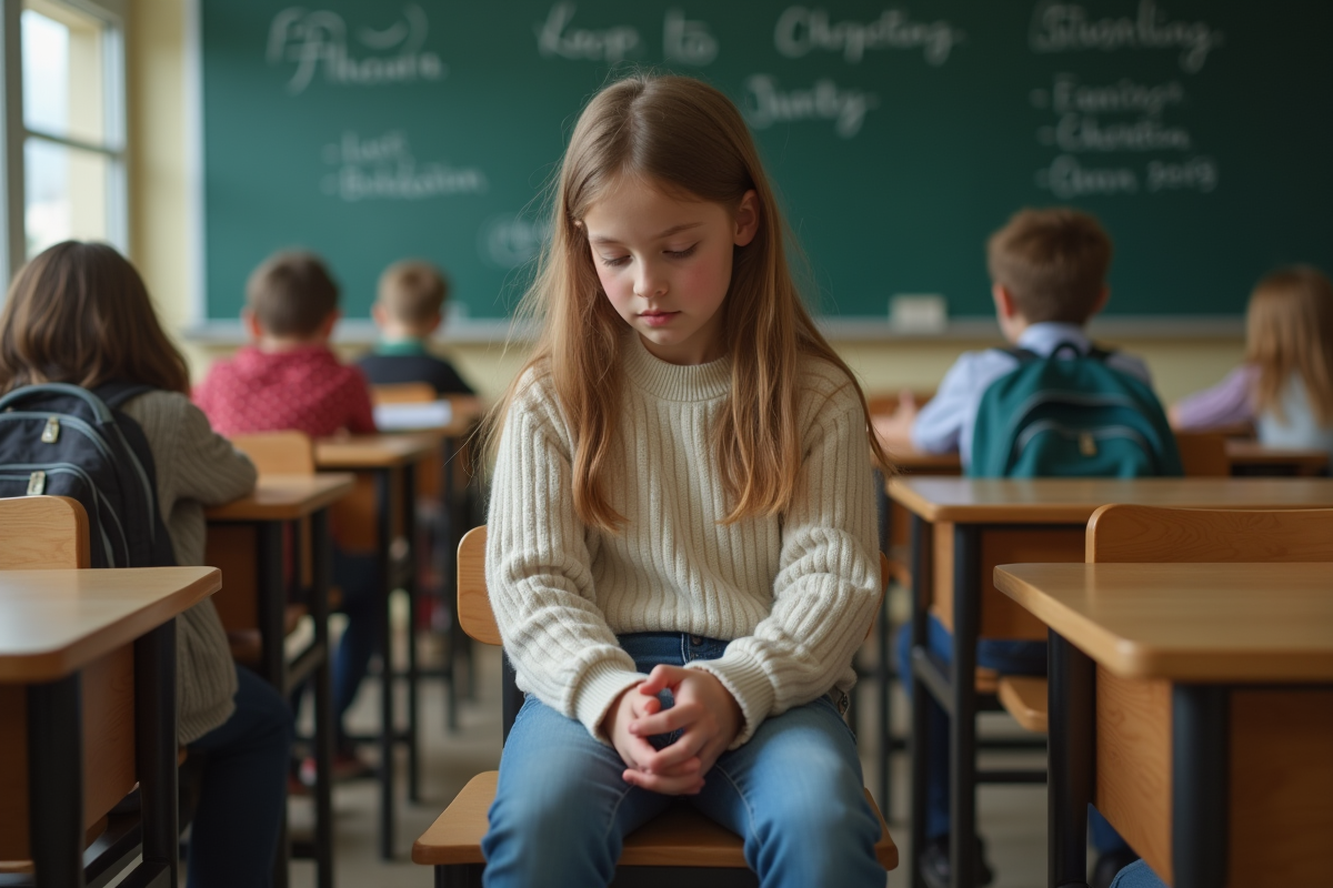 Fille de 12 ans en classe en pleine réflexion