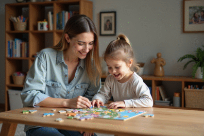 Fille et mère construisent un puzzle dans un salon chaleureux