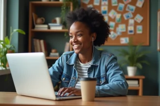 Jeune femme étudiante au dortoir avec ordinateur et café