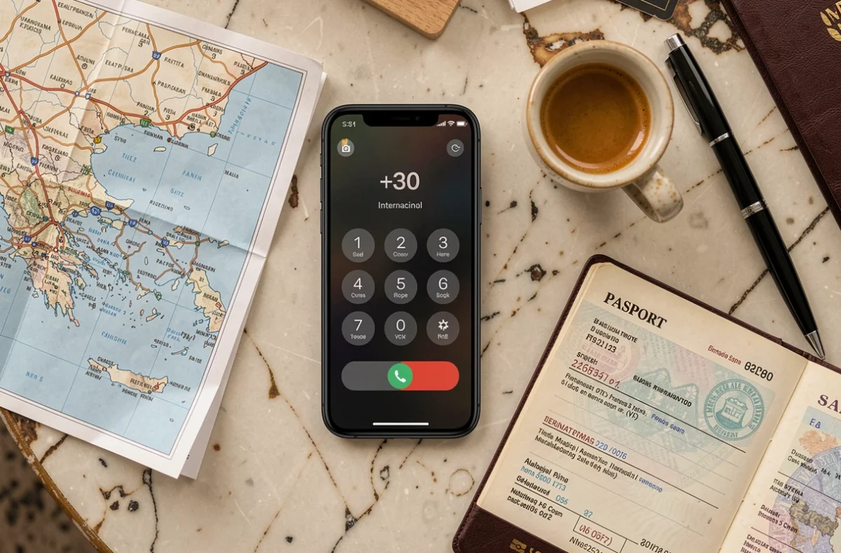 Flat lay avec smartphone affichant l'indicatif téléphonique +30 de la Grèce et accessoires de voyage