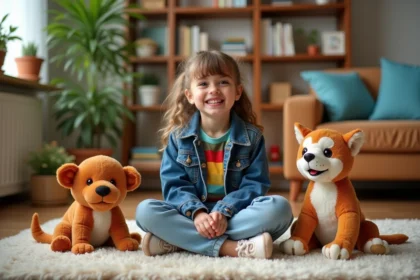 Jeune fille souriante avec jouets Abu et figurines Aladdin