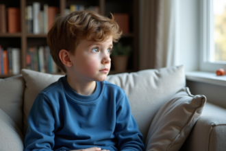 Garçon de 9 ans assis seul dans un salon moderne