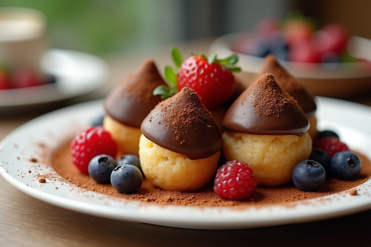 Gavottes en chocolat avec fruits rouges et cacao