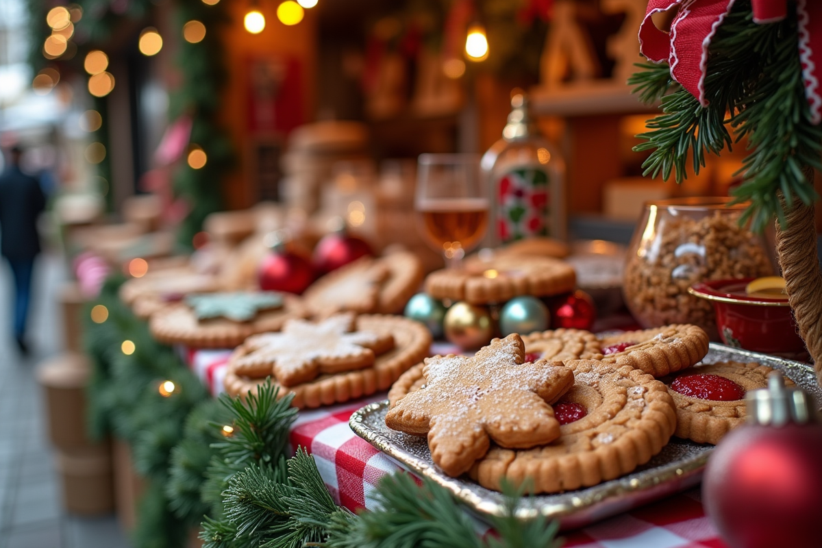 Gourmandises artisanales et décorations de Noël sur un stand