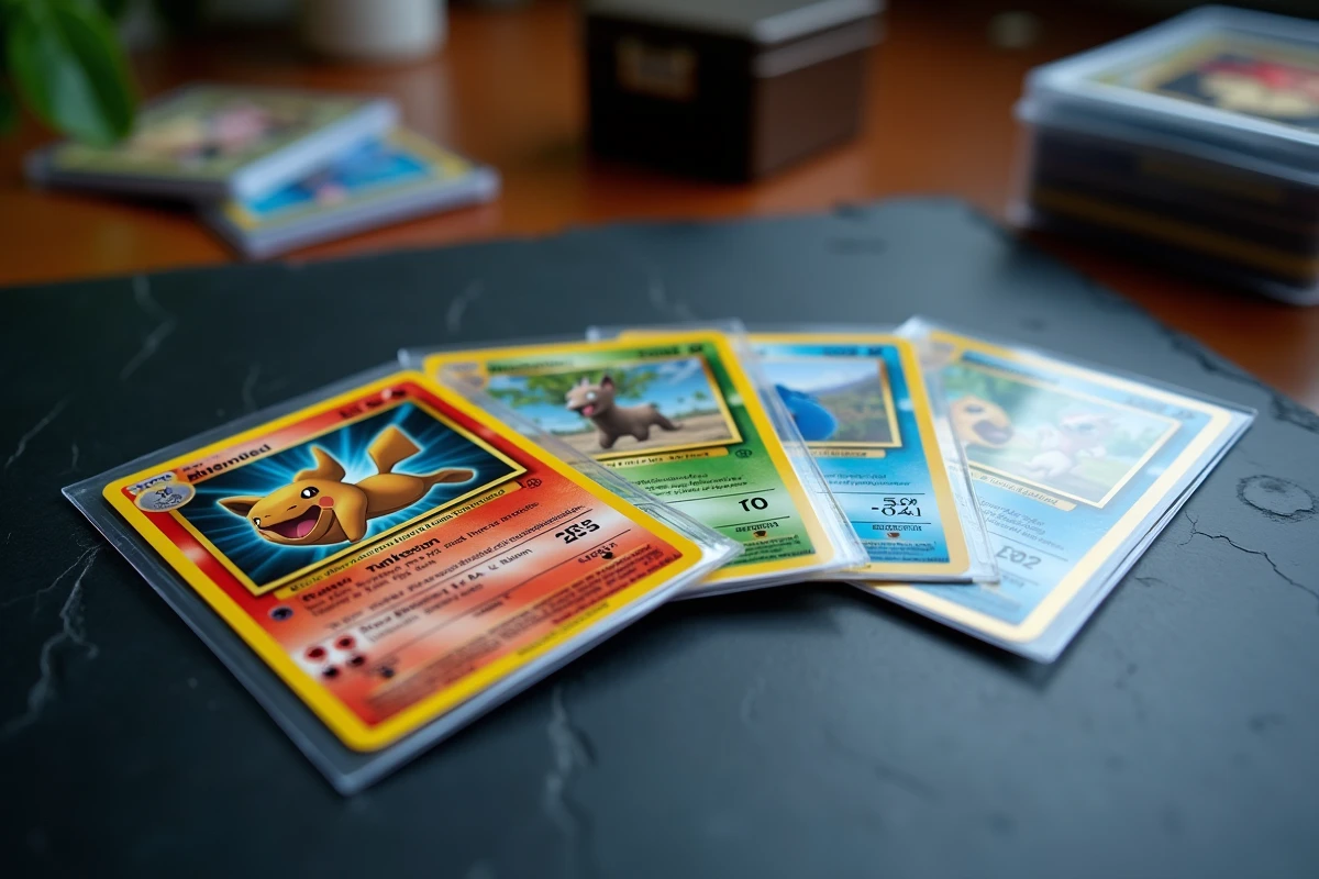 Gros plan sur des cartes Pokémon Aventure Ensemble protégées dans des top-loaders rigides transparents sur une surface en ardoise