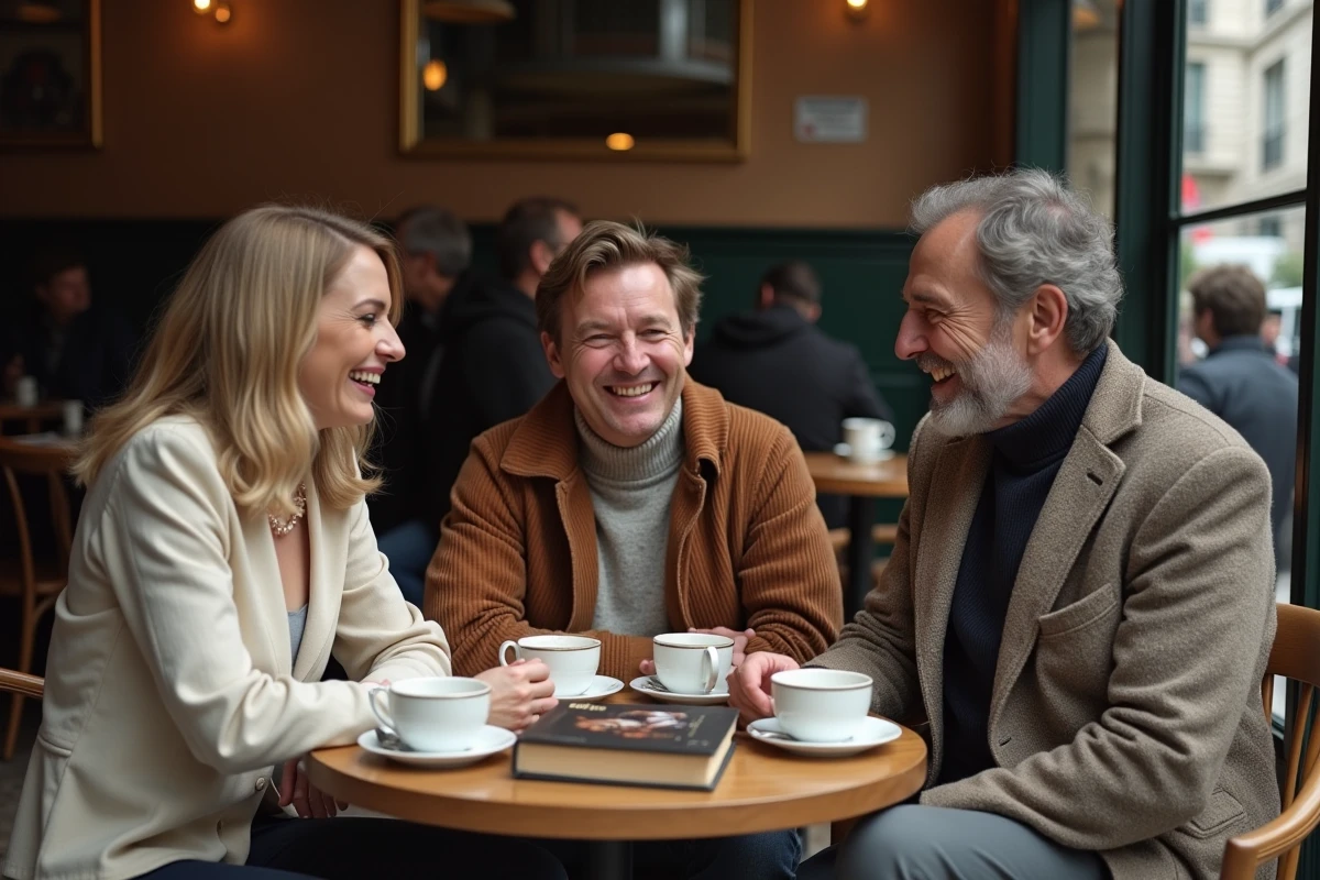 Groupe d'adultes riant autour d'une table de café parisien avec un livre d'humour noir posé sur la table