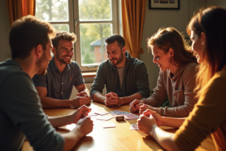 Groupe d'amis jouant aux cartes autour d'une table en journée
