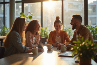 Groupe de collègues souriants dans un bureau lumineux