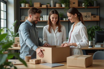 Groupe de professionnels discutant d'emballages réutilisables en intérieur