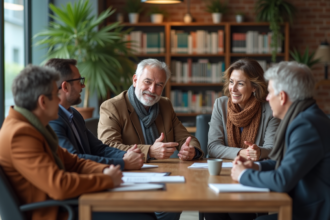 Groupe diversifié en réunion dans un lounge moderne
