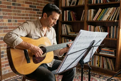 Guitariste adulte lisant une tablature de Mistral Gagnant sur un pupitre dans un salon vintage avec guitare classique en cèdre