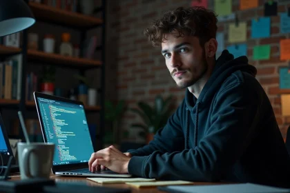 Jeune homme en hoodie devant plusieurs ordinateurs portables affichant du code, dans un bureau encombré évoquant un hacktiviste anonyme