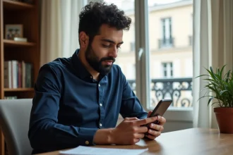 Homme consultant les horaires de prière sur son téléphone avec Google Agenda dans un appartement parisien