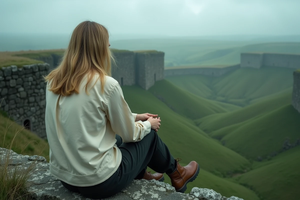 Jeune femme blonde assise seule sur un promontoire rocheux face à un vaste paysage cerné de murs de pierre, évoquant le fardeau identitaire et les secrets d'Historia Reiss dans l'univers d'Attack on Titan