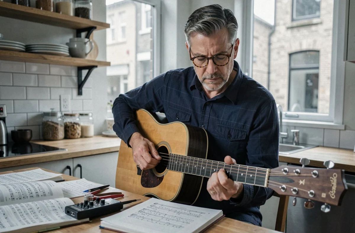 Homme d'âge mûr jouant les accords de Mistral Gagnant sur une guitare dreadnought vintage dans une cuisine urbaine avec tablatures ouvertes