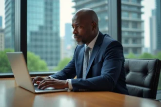 Homme d'affaires africain en costume dans un bureau moderne