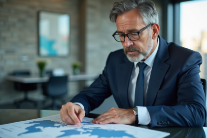 Homme d affaires en costume regardant une carte du monde