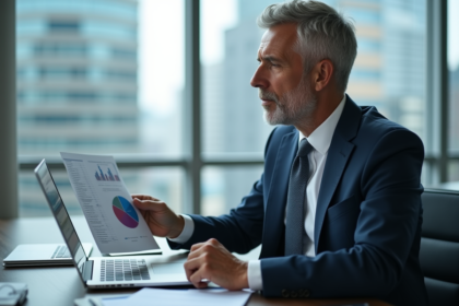 Homme d'affaires en costume bleu analysant un graphique