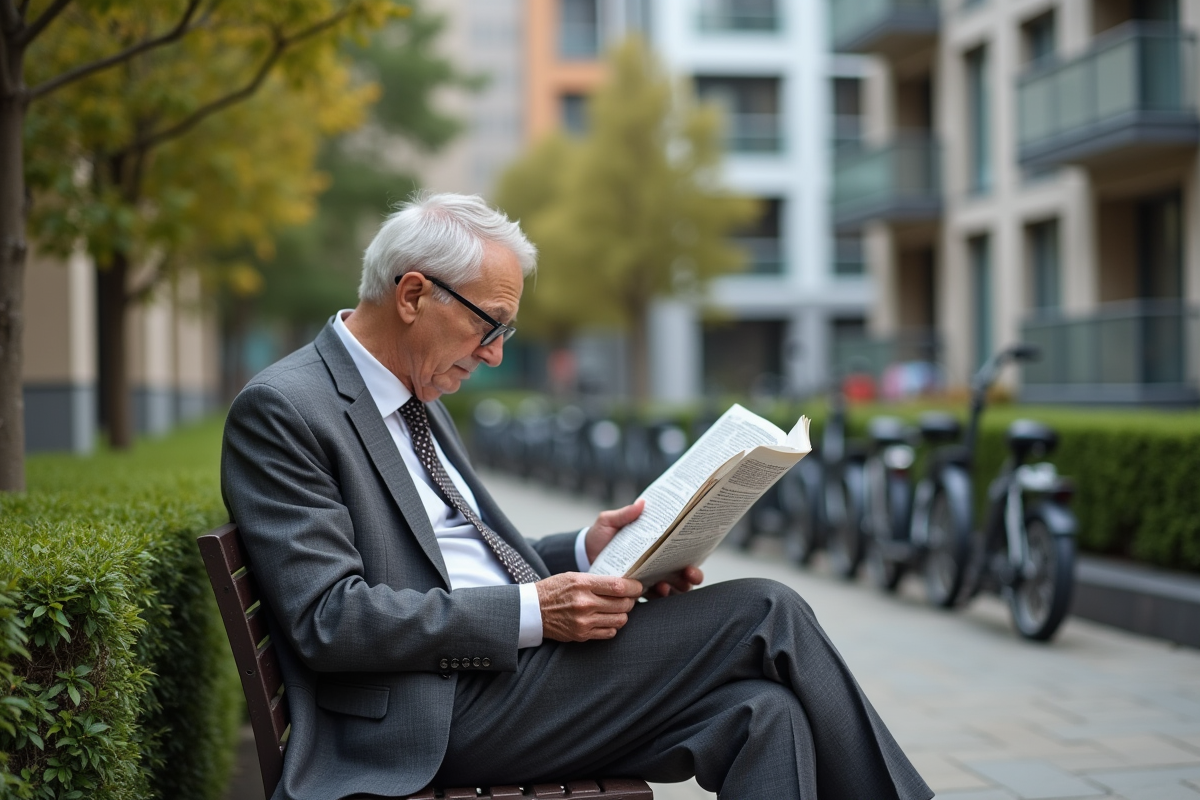 Homme âgé lisant un journal dans un parc urbain avec bâtiments modernes