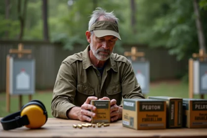 Homme d'âge moyen examinant des munitions 9mm en extérieur