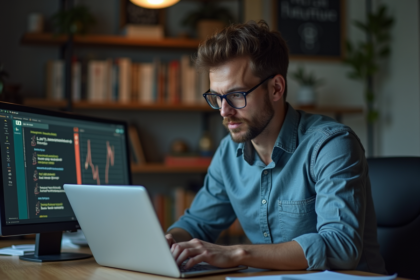 Homme en train d'étudier des graphiques sur un ordinateur portable