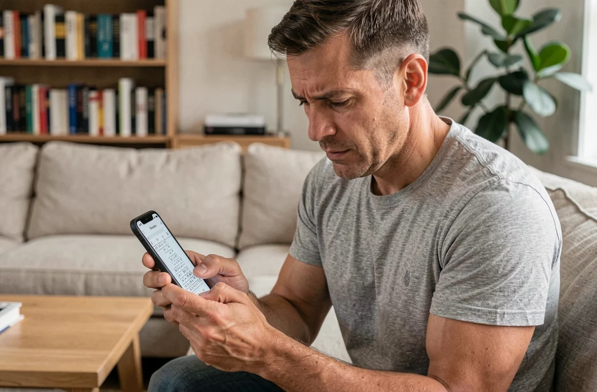 Homme utilisant une application de mots croisés Codycross sur smartphone dans un salon moderne