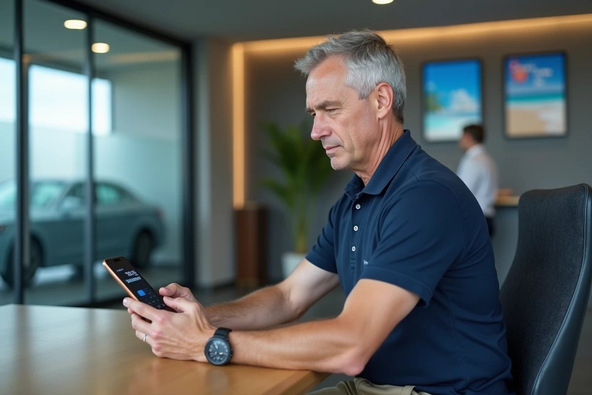 Homme utilisant une application de conversion miles en kilomètres sur smartphone dans une agence de location de voiture