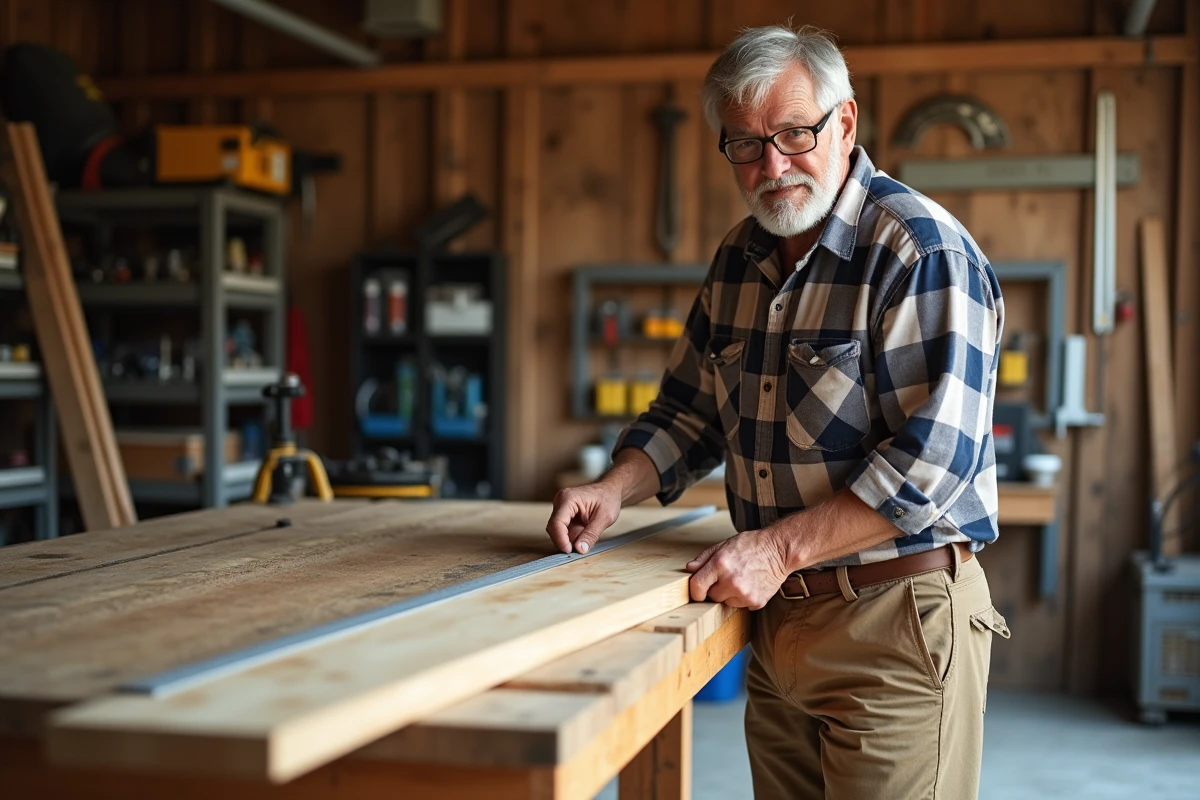 Homme âgé mesurant une planche en bois dans un garage
