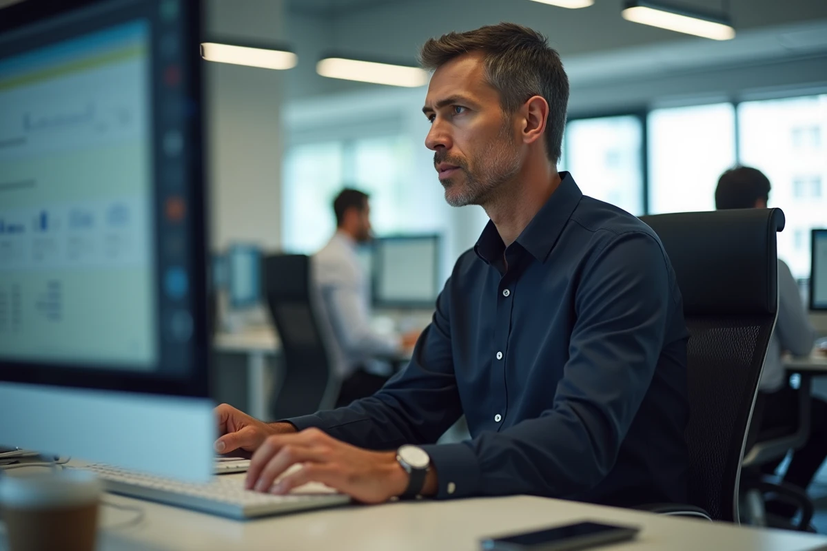 Homme en entreprise vérifiant les paramètres de sécurité d'un navigateur web sur un ordinateur de bureau