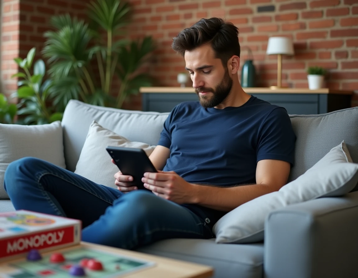 Homme entrant un code récompense Monopoly GO sur une tablette dans un salon moderne