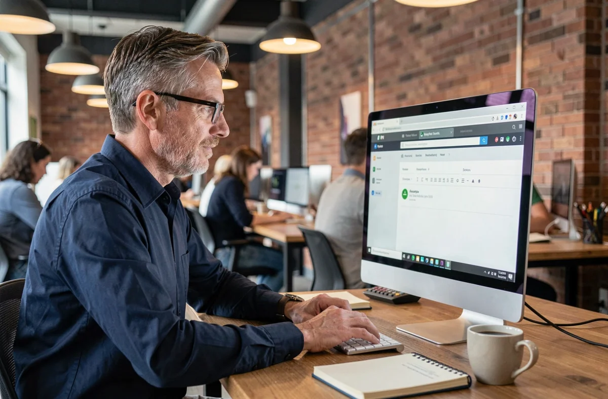 Homme en espace de coworking accédant à un site de téléchargement sur ordinateur de bureau
