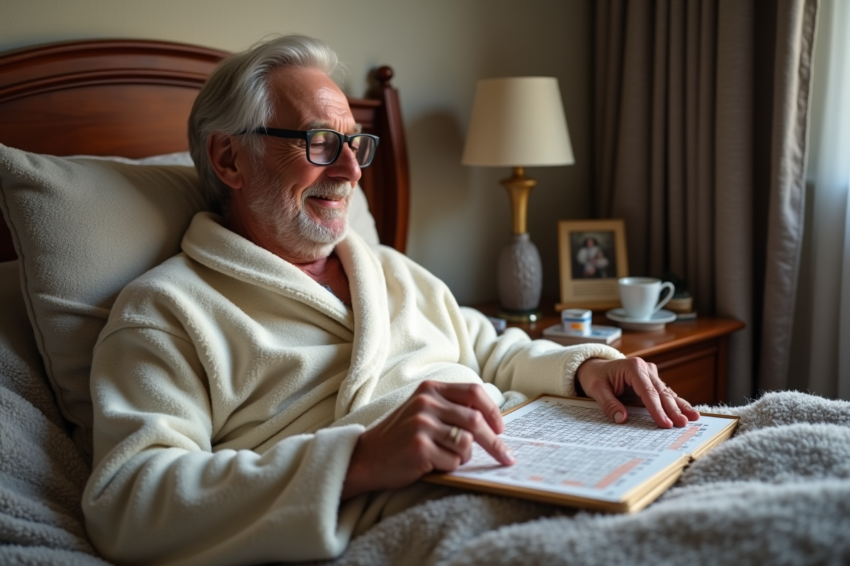 Homme âgé résolvant un crossword dans son lit avec un sourire réfléchi