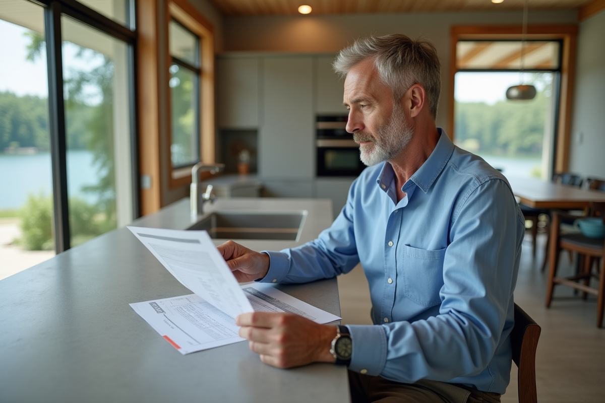 Homme analysant documents dans cuisine lumineuse