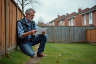 Homme d'âge moyen examine des documents dans un jardin
