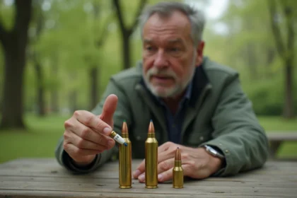 Homme examinant des cartouches 9mm dans un parc