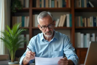 Un homme examine attentivement un document financier à son bureau, illustrant la vigilance face aux offres de type Monopoly Lien