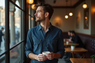 Homme dans un café qui fixe une femme du regard sans oser l'aborder, expression hésitante et admirative