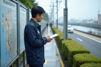 Homme japonais en uniforme d'urgence observant une carte de evacuation tsunami