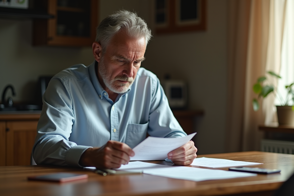 Homme lisant des papiers juridiques à la maison