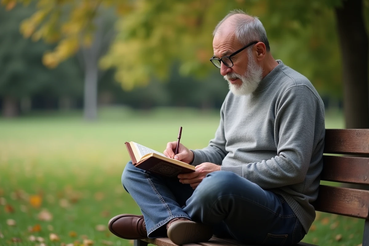 Homme âgé lisant un Quran dans un jardin paisible