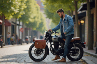 Jeune homme ajustant une sacoche en cuir sur sa moto Dax en ville