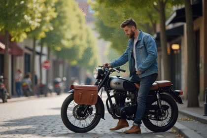 Jeune homme ajustant une sacoche en cuir sur sa moto Dax en ville