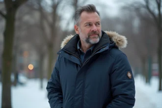Homme en parka navy dans un parc enneige en ville